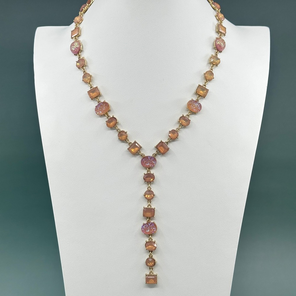 Peach Pink Iridescent Glass Beaded Gold Tone Long Y Drop Necklace Glam Statement